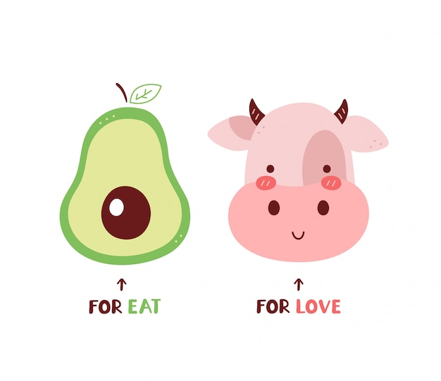 食べるためのアボカド 愛のための牛 白で隔離 ベクトル漫画キャライラストカードデザイン シンプルなフラットスタイル 果物を食べる 動物のコンセプトが大好きです ビーガン ベジタリアンカード ポスターデザイン プレミアムベクター
