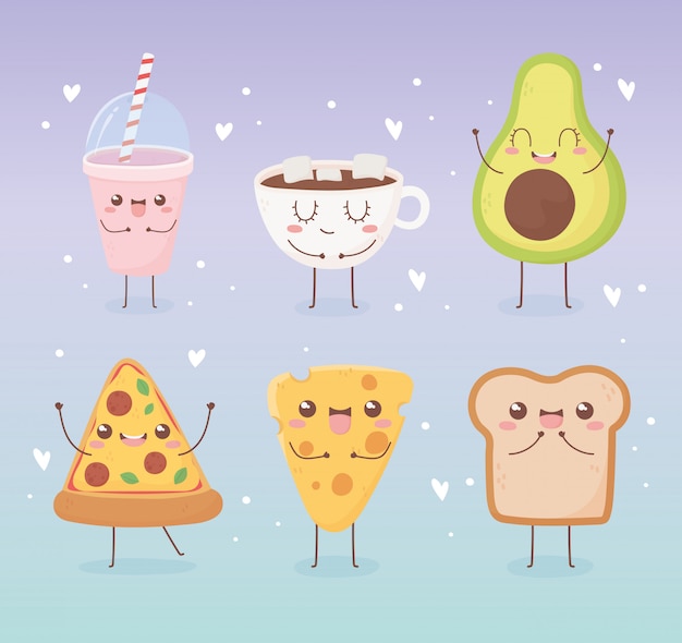 Premium Vector Avocado Pizza Cheese Bread Chocolate Cup Kawaii Food Cartoon Character Design