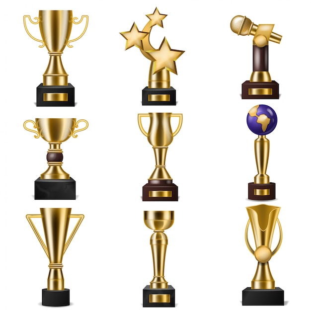 Award trophy vector winners prize golden trophycup for award-winning champion with reward for victory on competition illustration set of gold cup for first place isolated Premium Vector