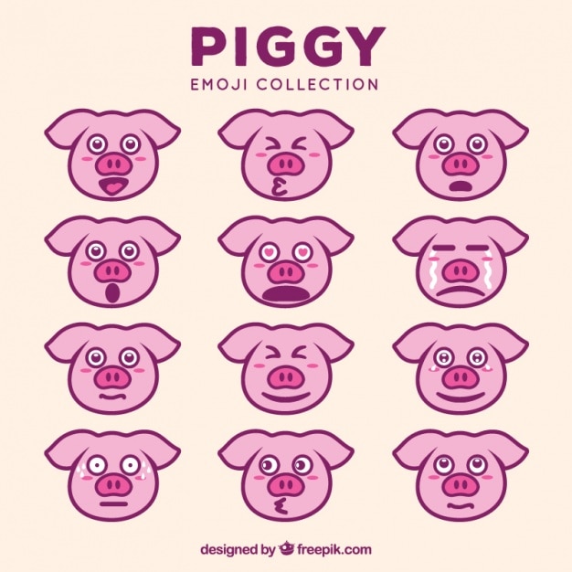 表情豊かな豚の顔文字の素晴らしいコレクション プレミアムベクター