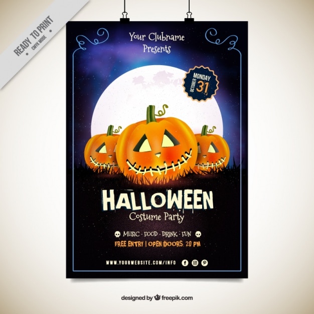 Free Vector | Awesome Halloween Flyer With Creepy Pumpkins And Full Moon