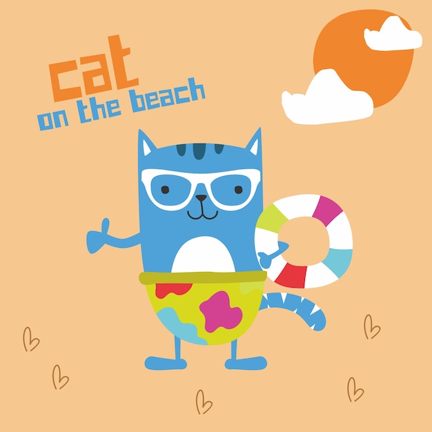 Premium Vector | Awesome retro doodle drawing cute cat on the beach ...