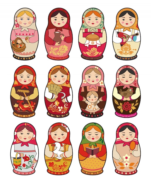 ロシアの伝統的なbabushka人形 マトリョーシカ イラストのセット プレミアムベクター