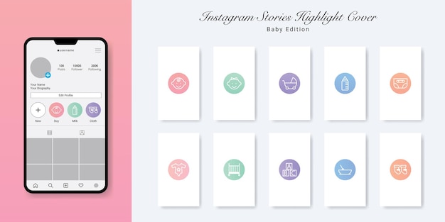 赤ちゃんと子供のinstagramストーリーハイライトカバーデザイン プレミアムベクター