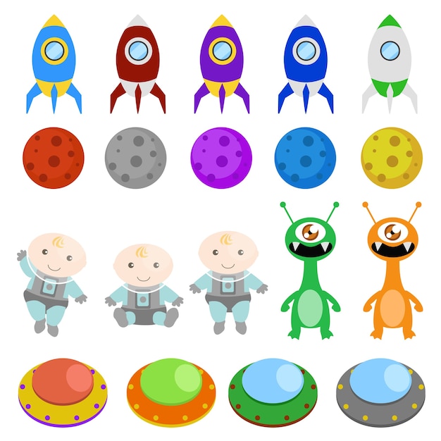 赤ちゃん宇宙飛行士のクリップアート要素 スペースアドベンチャー新生児 エイリアンとufoとロケット プレミアムベクター