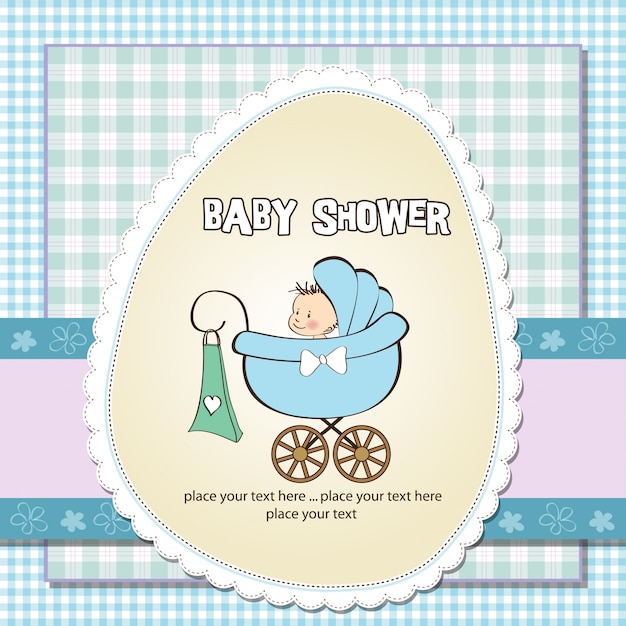 Download Baby boy announcement card with baby and pram | Premium Vector