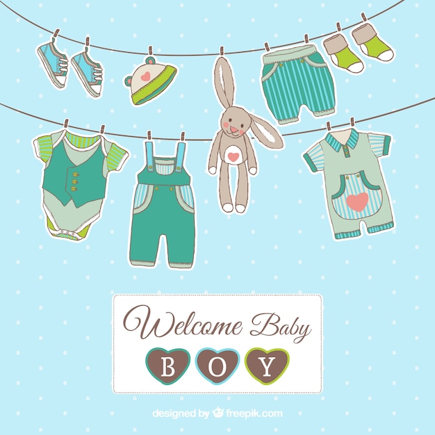 Download Baby boy card with hanging clothes | Free Vector