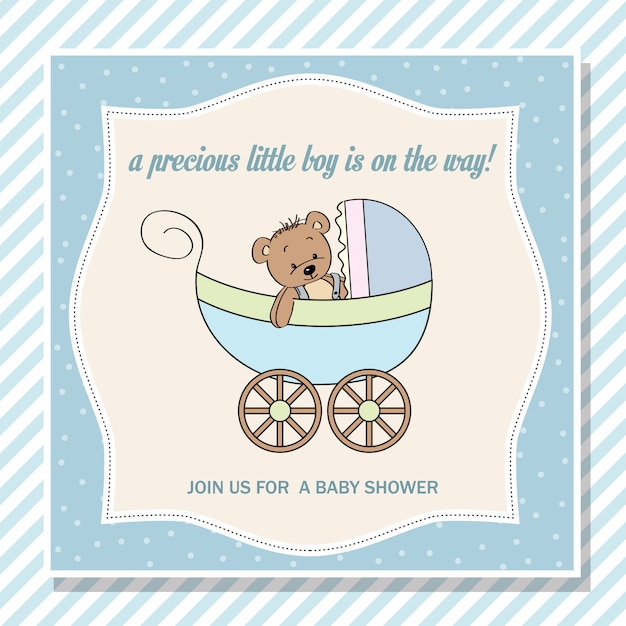 Baby boy shower card with stroller and teddy bear ...