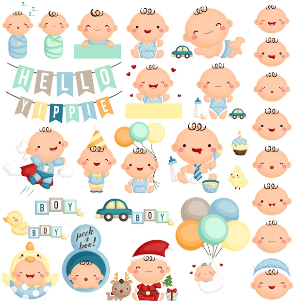  Baby boy in various action and expresion Premium Vector