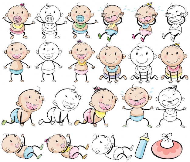 Free Vector | Baby boys and girls in different posts illustration