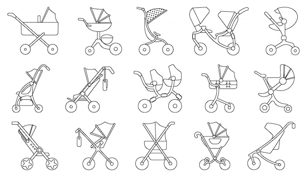 ベビーカーラインセットアイコン 新生児の分離ラインアイコンベビーカーのイラスト イラスト赤ちゃん乳母車 プレミアムベクター