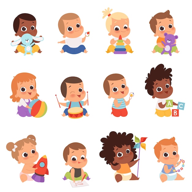 赤ちゃんキャラクター 生まれたばかりの子供たちがおもちゃで遊んで幸せな子供時代の小さな小さな赤ちゃん テディ 新生児 幼児のイラスト赤ちゃん子供 プレミアムベクター