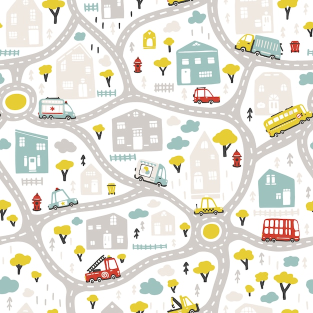 道路と交通機関のベイビーシティマップ ベクターのシームレスなパターン 幼稚な手描きの北欧スタイルの漫画イラスト プレミアムベクター