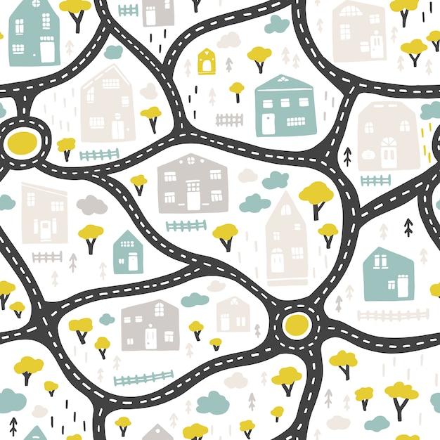 Premium Vector Baby City Map With Roads And Buildings Seamless Pattern Cartoon Illustration In Childish Hand Drawn Scandinavian Style For Nursery Room Textile Wallpaper Packaging Clothing Etc