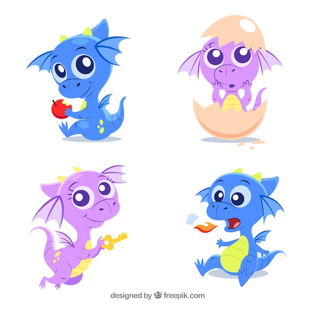 Download Baby dragon character collection in different poses Vector | Free Download