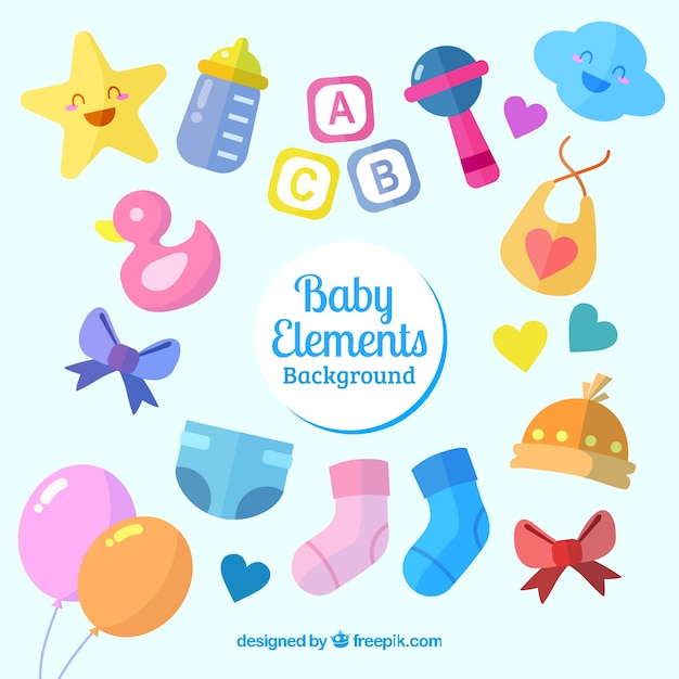 Baby elements background with cute toys and\
clothes