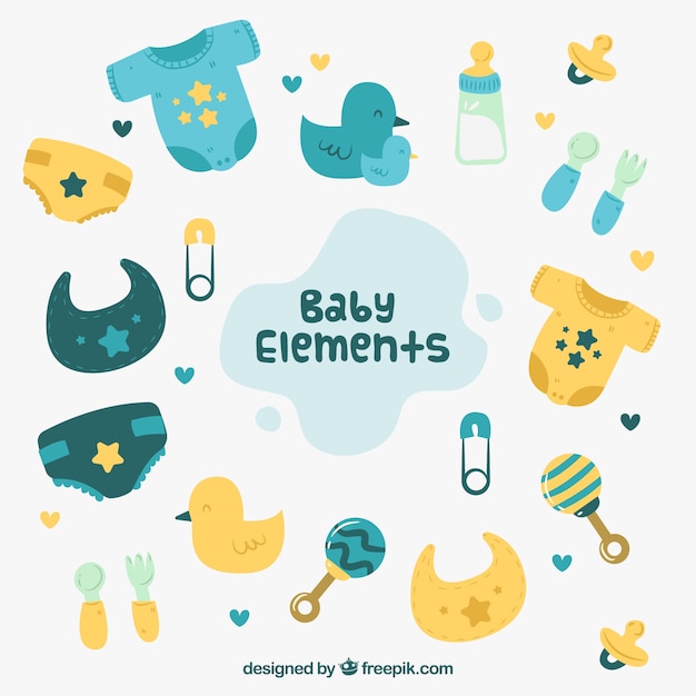 Baby elements background with cute toys and
clothes