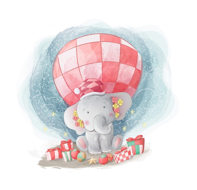Download Baby elephant happy to get christmas gift Vector | Premium ...