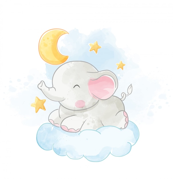 Premium Vector Baby Elephant Lying On Cloud With The Moon Illustration