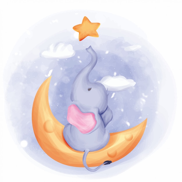 Premium Vector | Baby elephant reach the star on moon