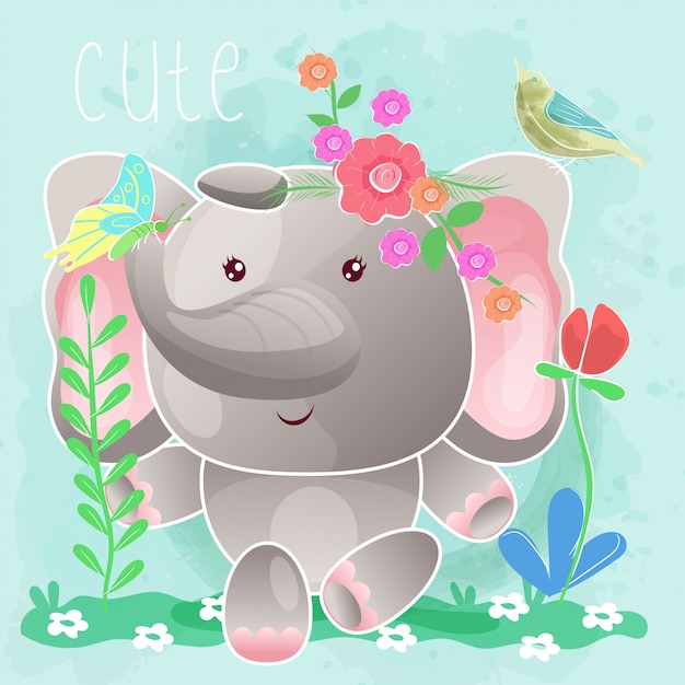 Download Baby elephant sitting in the grass. vector | Premium Vector