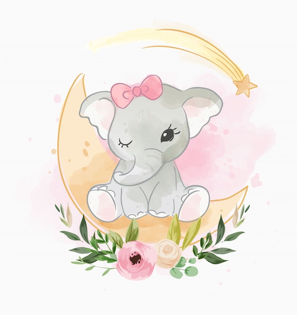 Download Baby elephant sitting on the moon with flower | Premium Vector