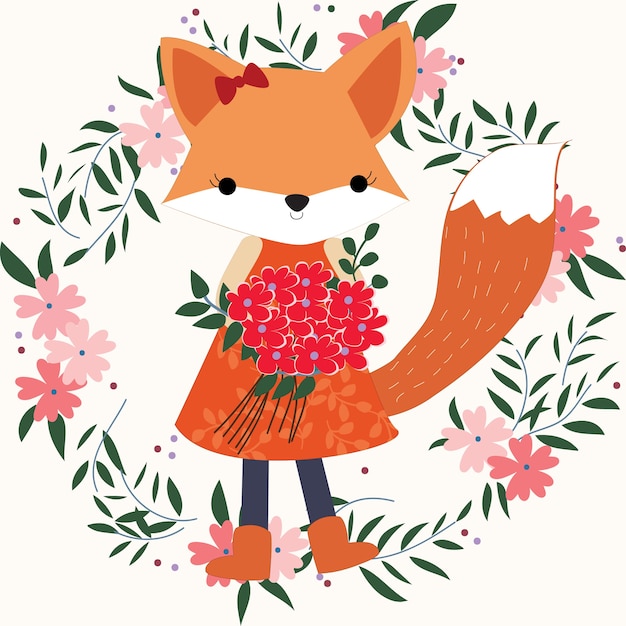 Premium Vector | Baby fox girl in the floral frame