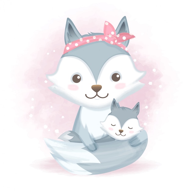 Download Baby fox and mother cartoon animal illustration | Premium ...