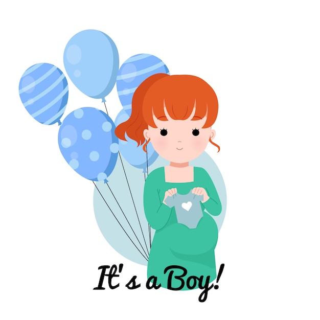 赤ちゃんの性別が少年を明らかにする ベビーシャワーの図 赤ちゃんの服を保持しているかわいい妊娠中の女性 プレミアムベクター