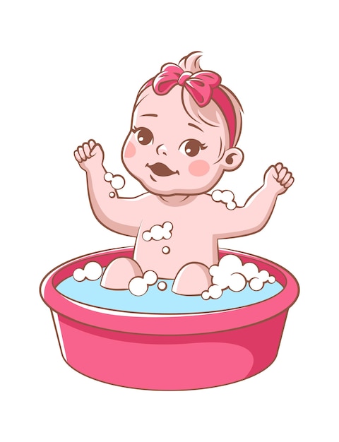 女の赤ちゃんが入浴します 浴槽の中でかわいい幼児 浴槽に座っているピンクのリボンとシャンプーの泡で洗う笑顔の幼児 幸せな子の衛生ベクトル図は白い背景で隔離 プレミアムベクター