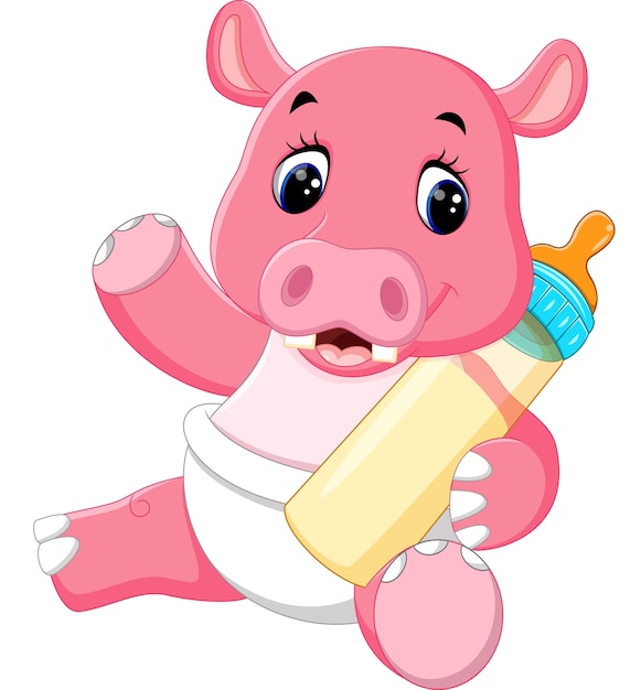 Premium Vector | Baby hippo holding milk bottle