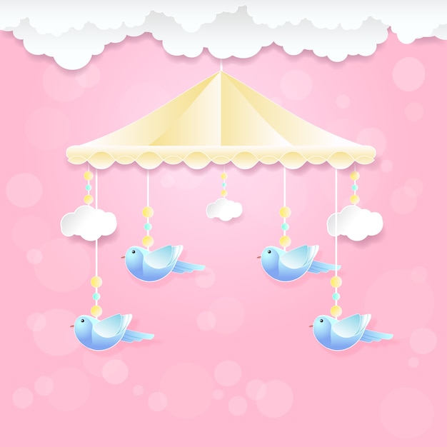 Download Baby mobile with bird toy and cloud on pink | Premium Vector