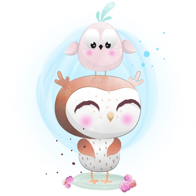 Download Baby owl cute character painted with watercolor Vector ...