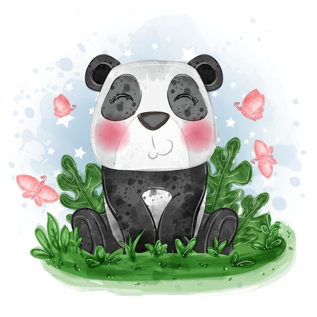 Free Vector Baby Panda Cute Illustration Sit Down On The Grass With Butterfly