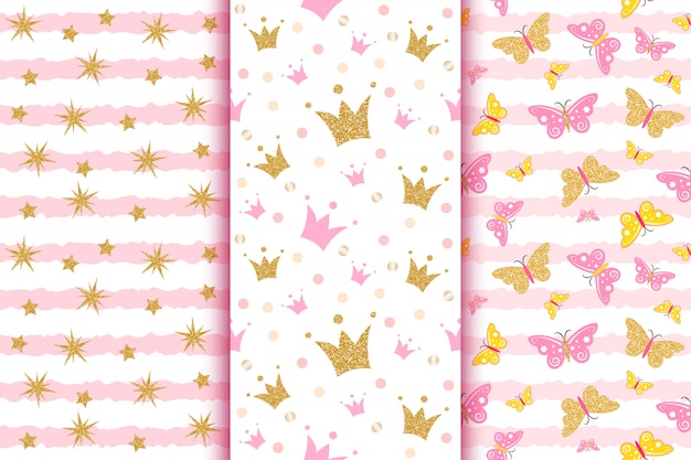 Baby patterns with gold glitter butterflies, crowns, strars, on pink stripe . Premium Vector