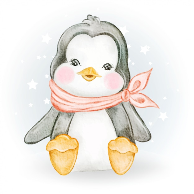 プレミアムベクター 赤ちゃんペンギンかわいい水彩イラスト