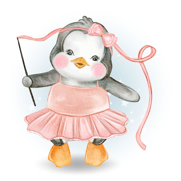 赤ちゃんペンギンダンスバレリーナ水彩イラスト プレミアムベクター