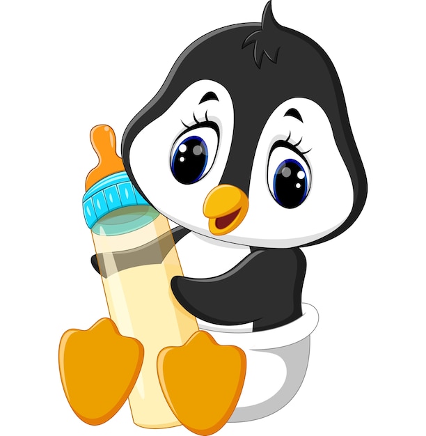 Download Baby penguin holding milk bottle | Premium Vector