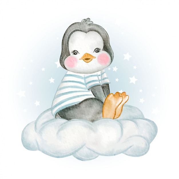 雲の上に座っている赤ちゃんペンギン水彩イラスト プレミアムベクター