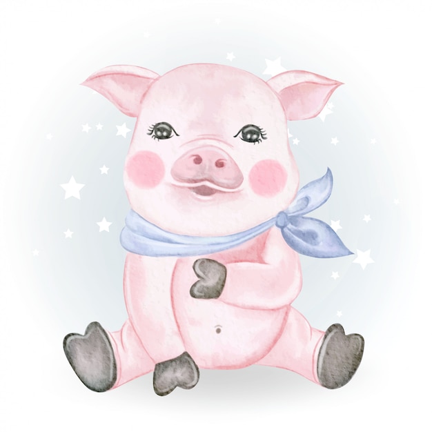 赤ちゃん豚かわいい水彩イラスト プレミアムベクター