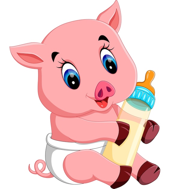 Download Baby pig holding milk bottle | Premium Vector
