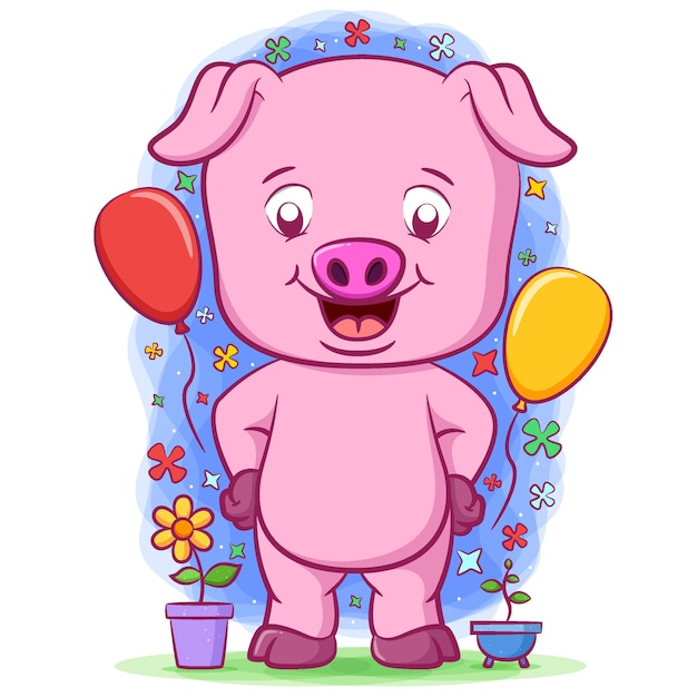 Premium Vector | Baby pink pig standing near two balloons