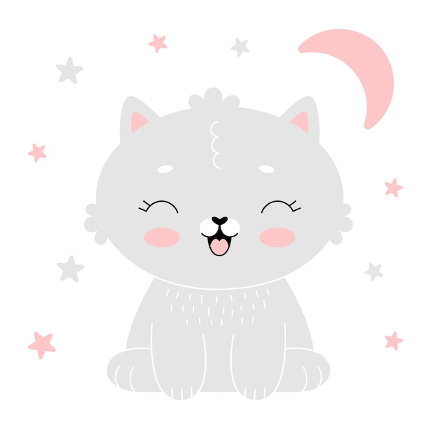 Premium Vector | Baby room poster with cute gray kitten with pink moon ...