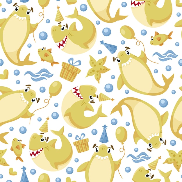 Premium Vector Baby Shark Birthday Seamless Pattern Cartoon Birthday Party Seamless Digital Paper Nursery Cute Nautical Or Undersea Animal Background For Kids Textile Scrapbooking Wrapping Paper