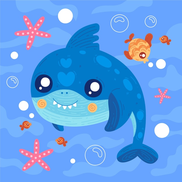 Free Vector Baby Shark With Small Teeth And Fish