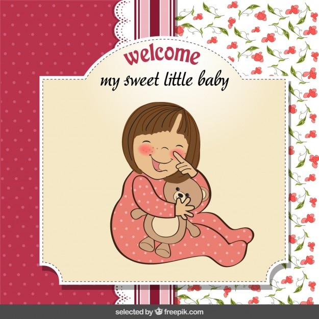 Baby shower card with a girl hugging a teddy\
bear