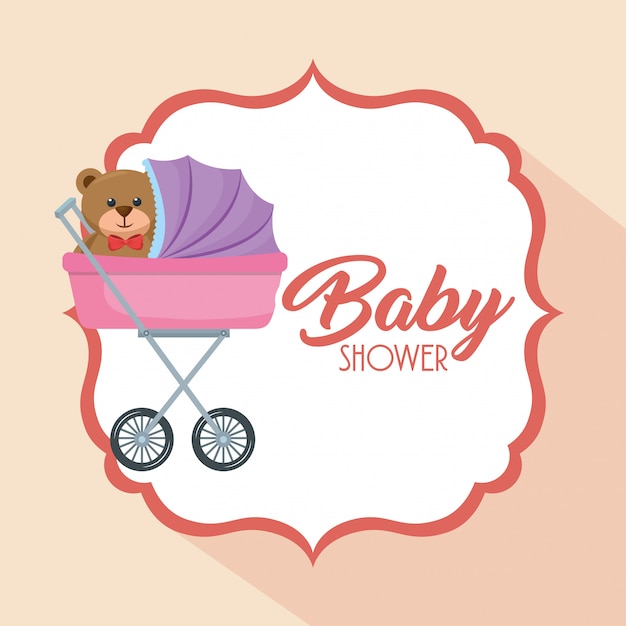 Download Baby shower card with bear teddy in cart Vector | Free ...