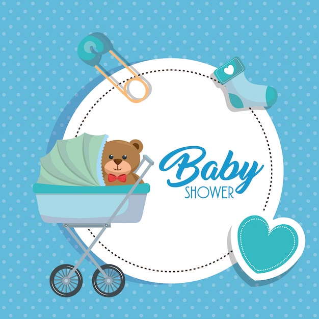 Download Baby shower card with bear teddy in cart Vector | Free ...