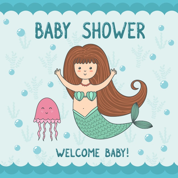 Download Baby shower card with cute mermaid and jellyfish ...
