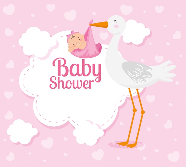 Baby Shower Card With Cute Stork And Decoration Premium Vector